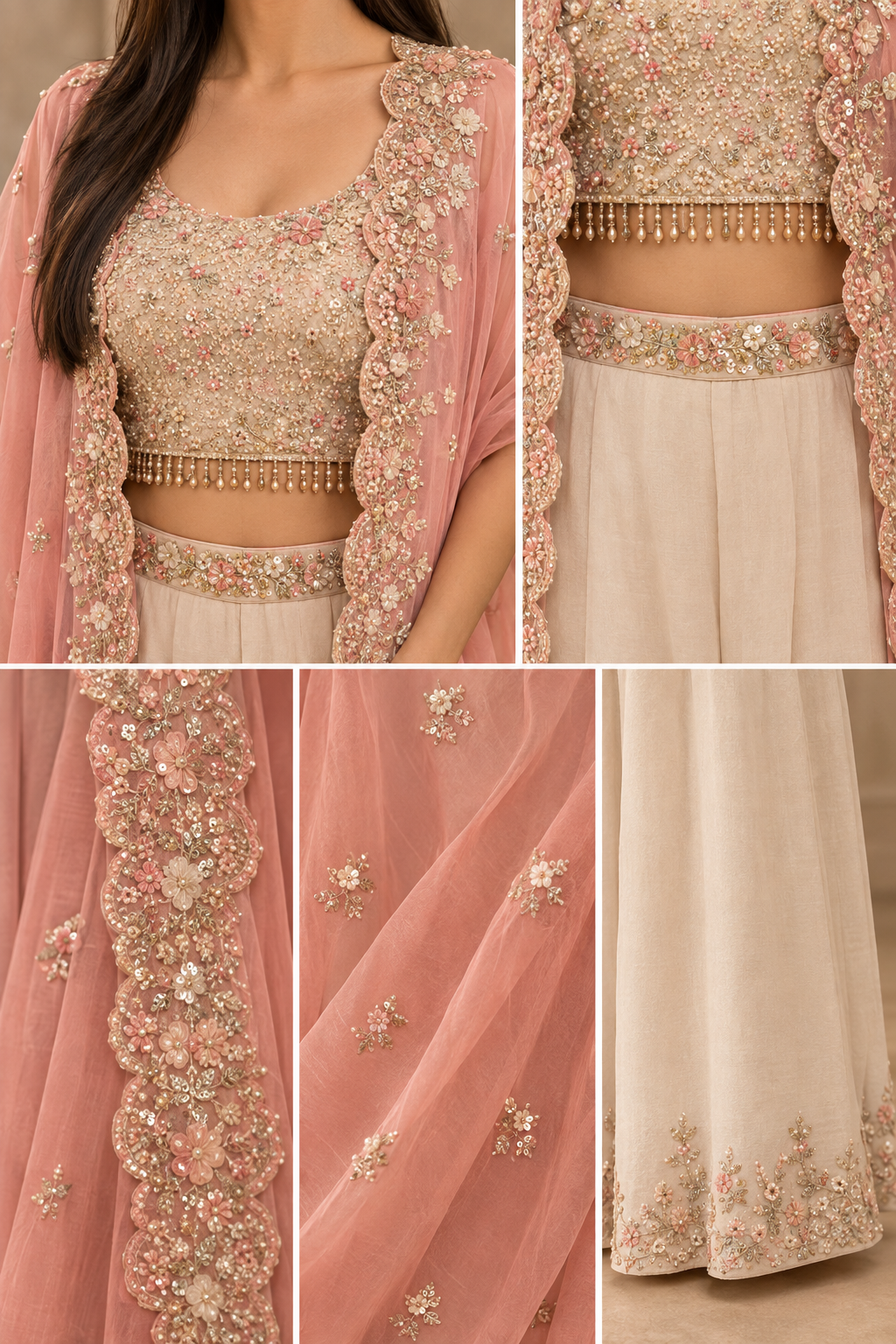Women’s Peach Pink Embroidered Cape Top & Cream Palazzo 3-Piece Set