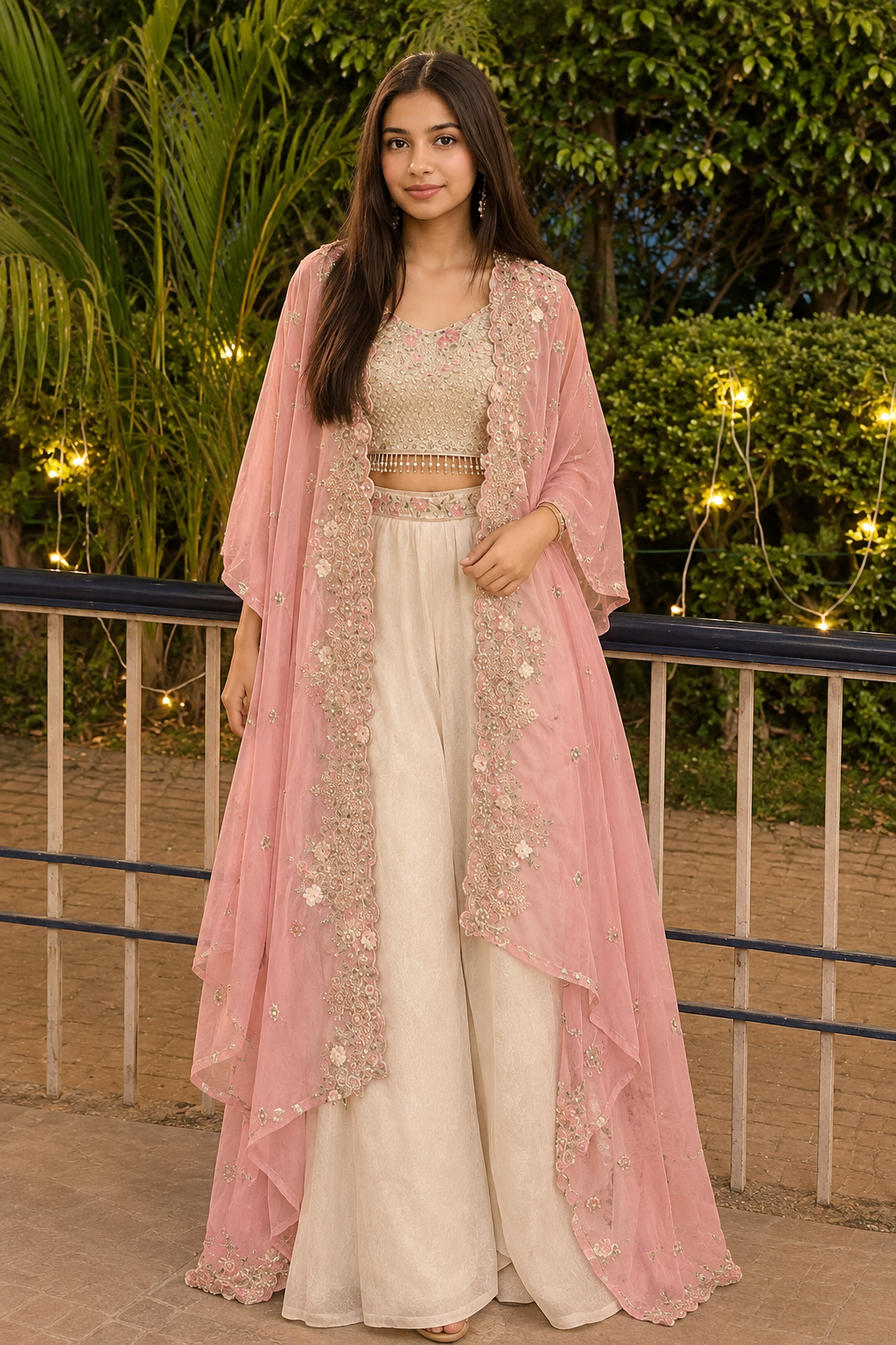 Women’s Peach Pink Embroidered Cape Top & Cream Palazzo 3-Piece Set