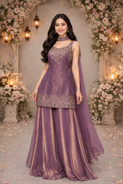 Women’s Mauve Purple Embroidered Anarkali-Style Sharara Suit Set with Dupatta