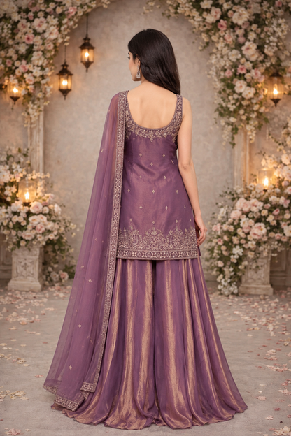 Women’s Mauve Purple Embroidered Anarkali-Style Sharara Suit Set with Dupatta
