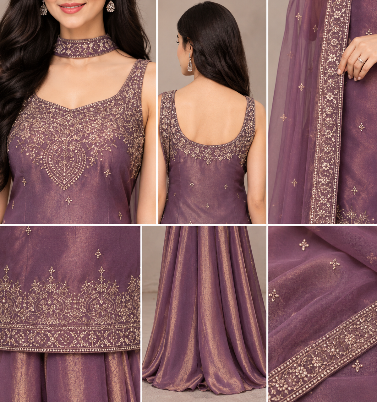 Women’s Mauve Purple Embroidered Anarkali-Style Sharara Suit Set with Dupatta