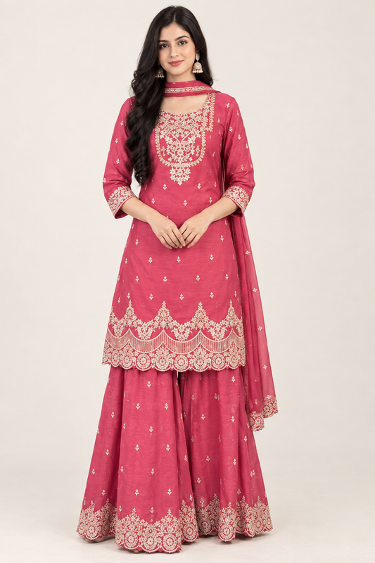 Rose Pink Embroidered Sharara Suit Set with Dupatta