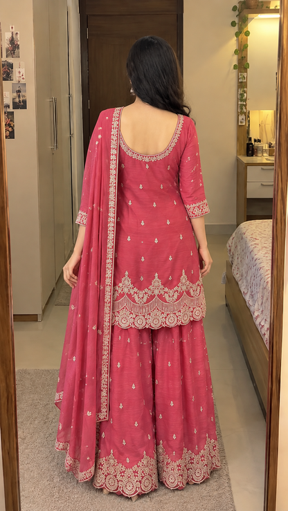 Rose Pink Embroidered Sharara Suit Set with Dupatta