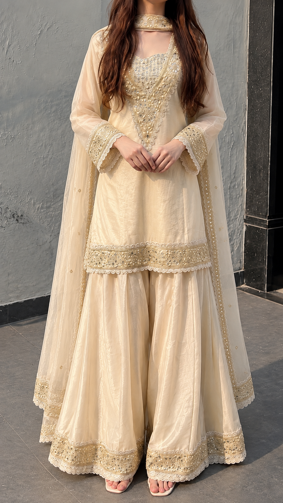 Champagne Gold Embroidered Sharara Suit Set with Dupatta