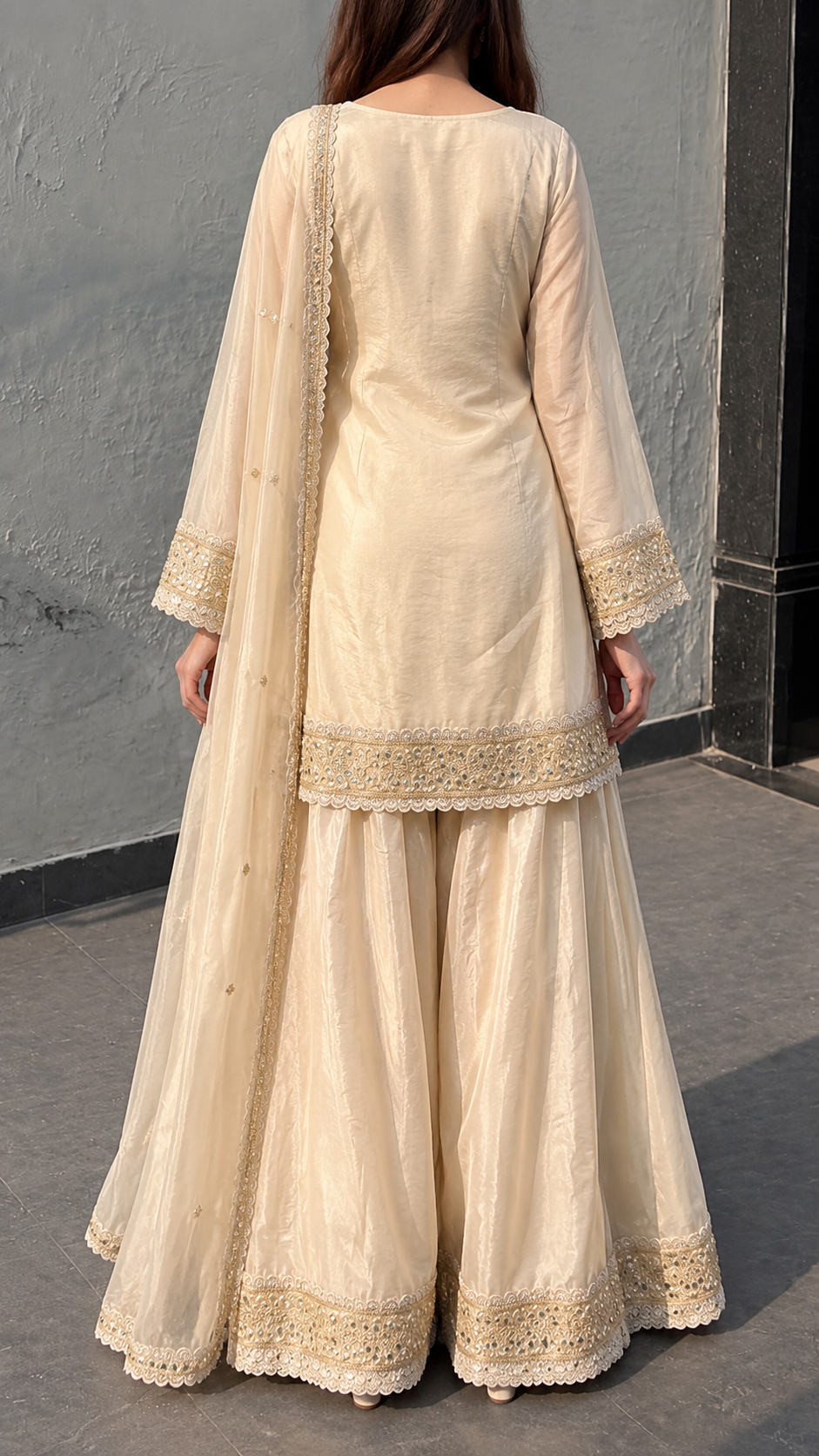 Champagne Gold Embroidered Sharara Suit Set with Dupatta