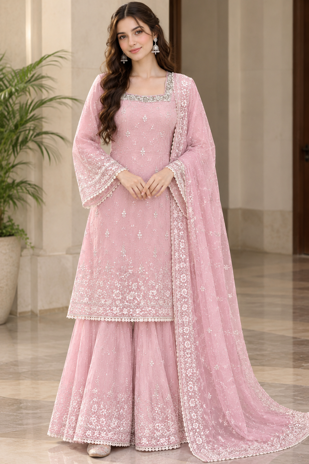 Blush Pink Embroidered Sharara Suit Set with Dupatta