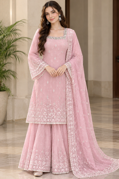 Blush Pink Embroidered Sharara Suit Set with Dupatta