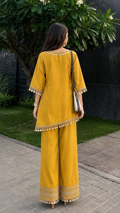 Mustard Embellished Kurta Palazzo Set