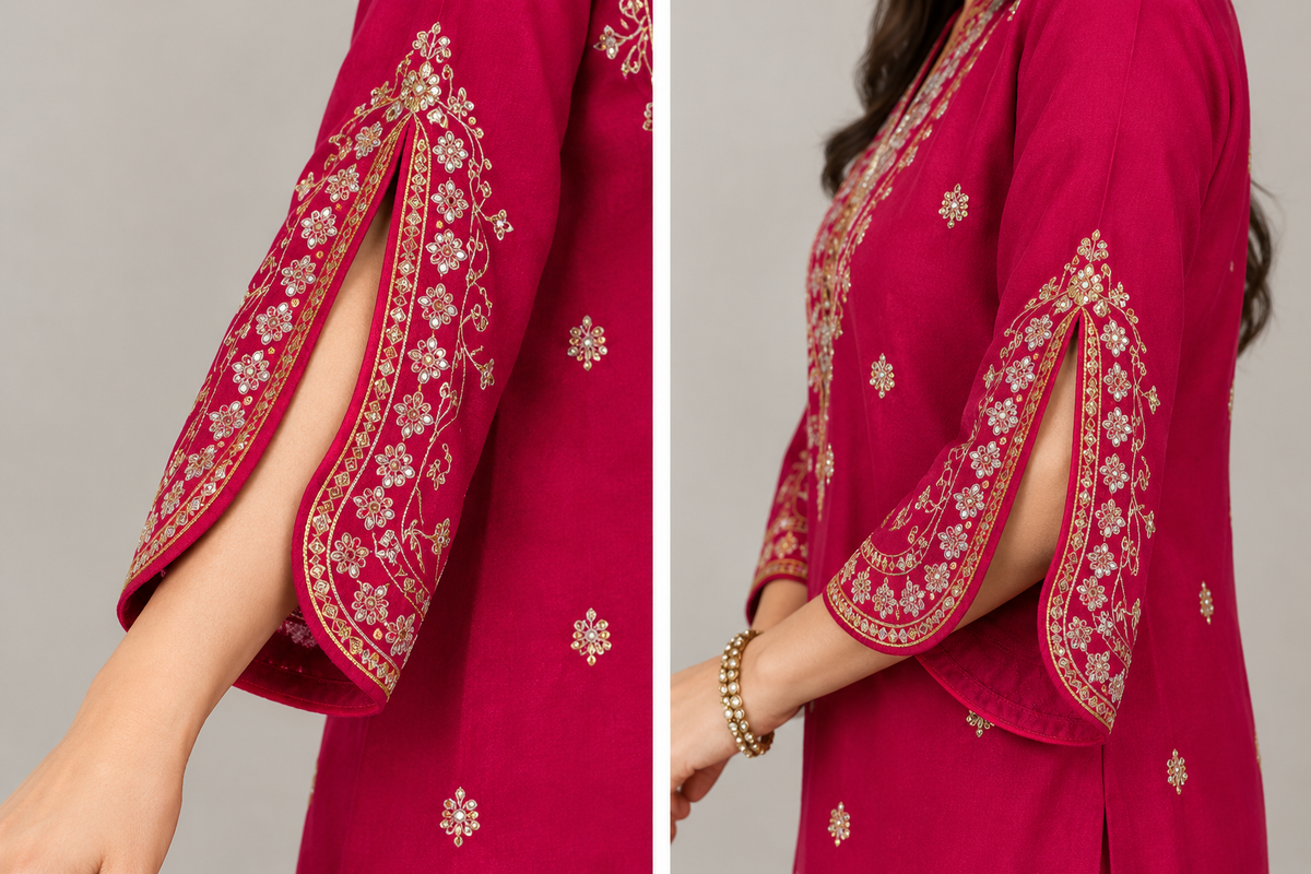 Women’s Embroidered 3-Piece Suit Set – Elegant Pink Kurta with Palazzo Pants