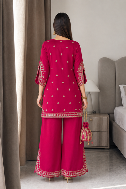 Women’s Embroidered 3-Piece Suit Set – Elegant Pink Kurta with Palazzo Pants