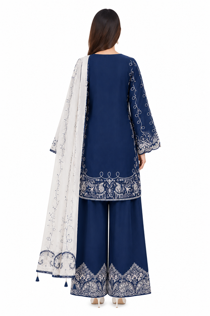 Women’s Navy Blue Embroidered 3-Piece Kurta Set with Dupatta