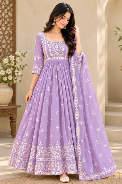 Elegant Lilac Floral Embroidered Anarkali Suit with Dupatta