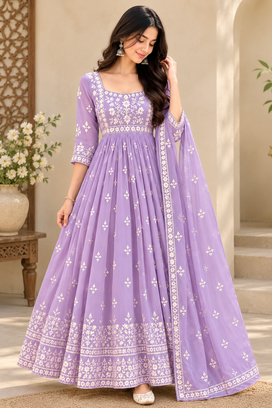 Elegant Lilac Floral Embroidered Anarkali Suit with Dupatta
