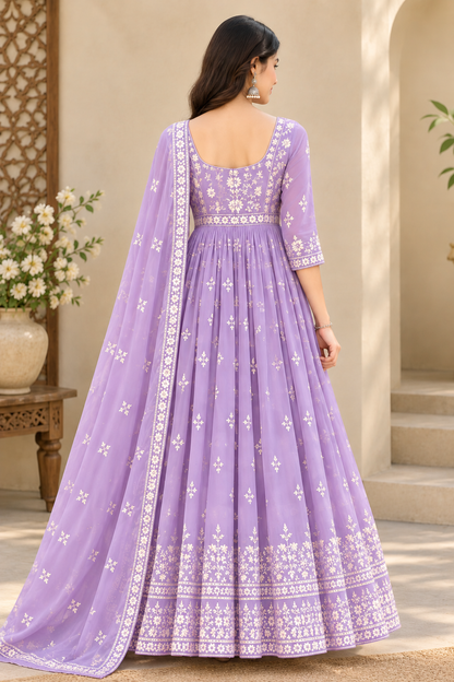 Elegant Lilac Floral Embroidered Anarkali Suit with Dupatta