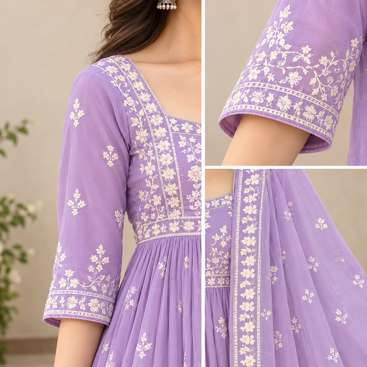 Elegant Lilac Floral Embroidered Anarkali Suit with Dupatta