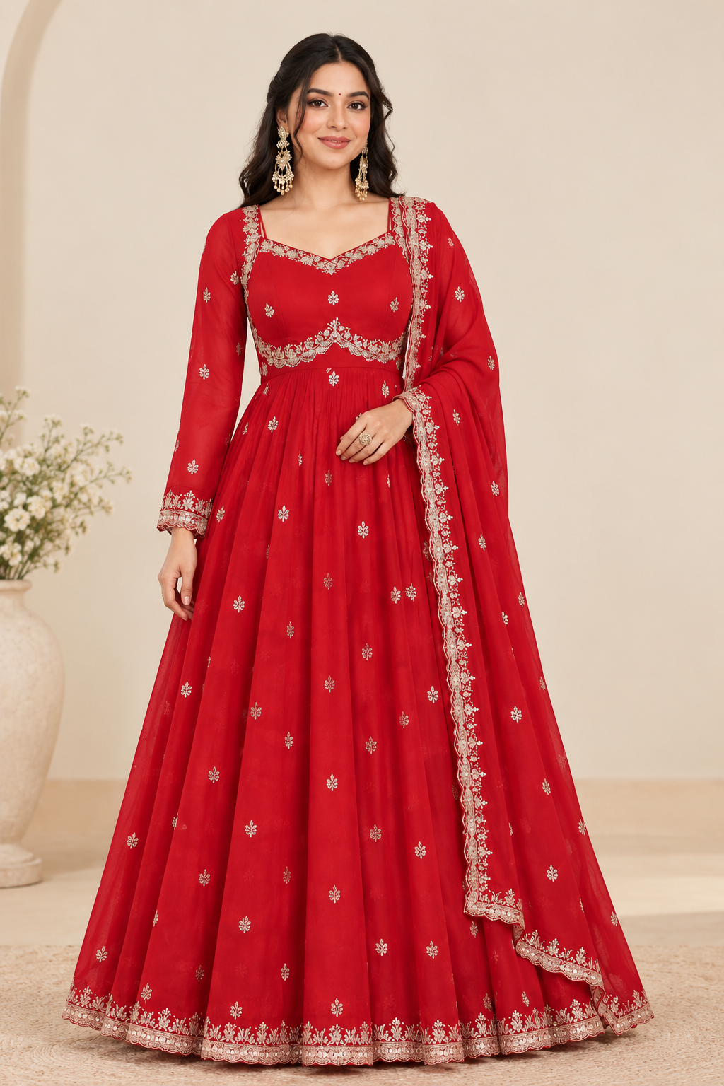 Royal Red Embroidered Anarkali Suit Set