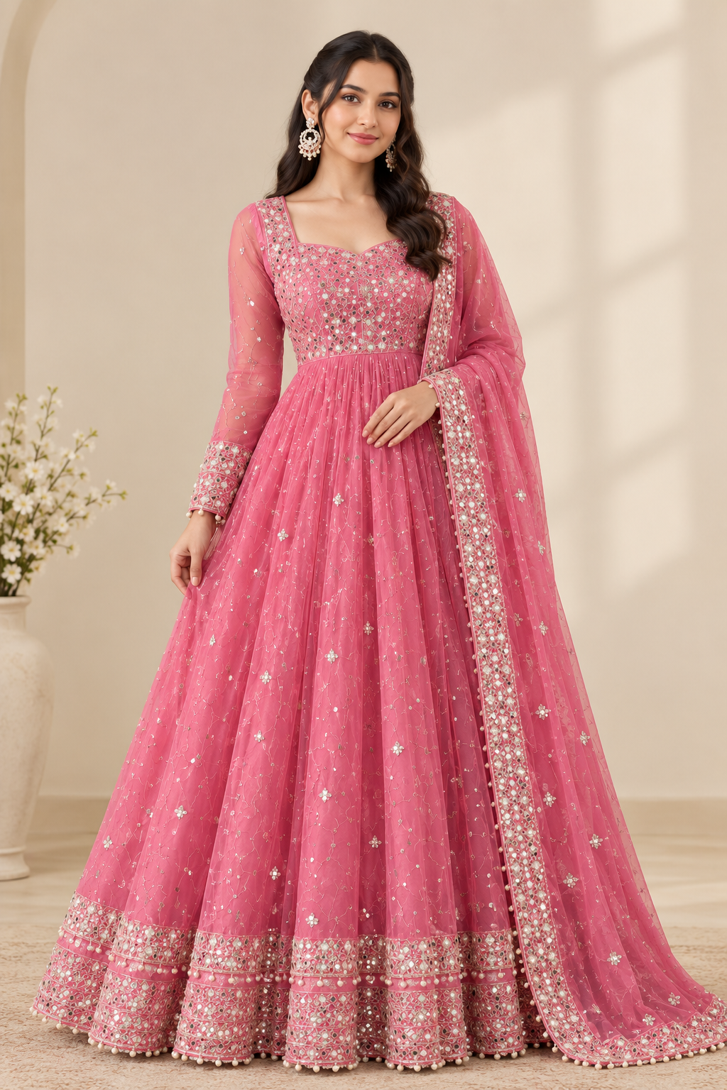 Blush Pink Mirror Work Anarkali Suit Set
