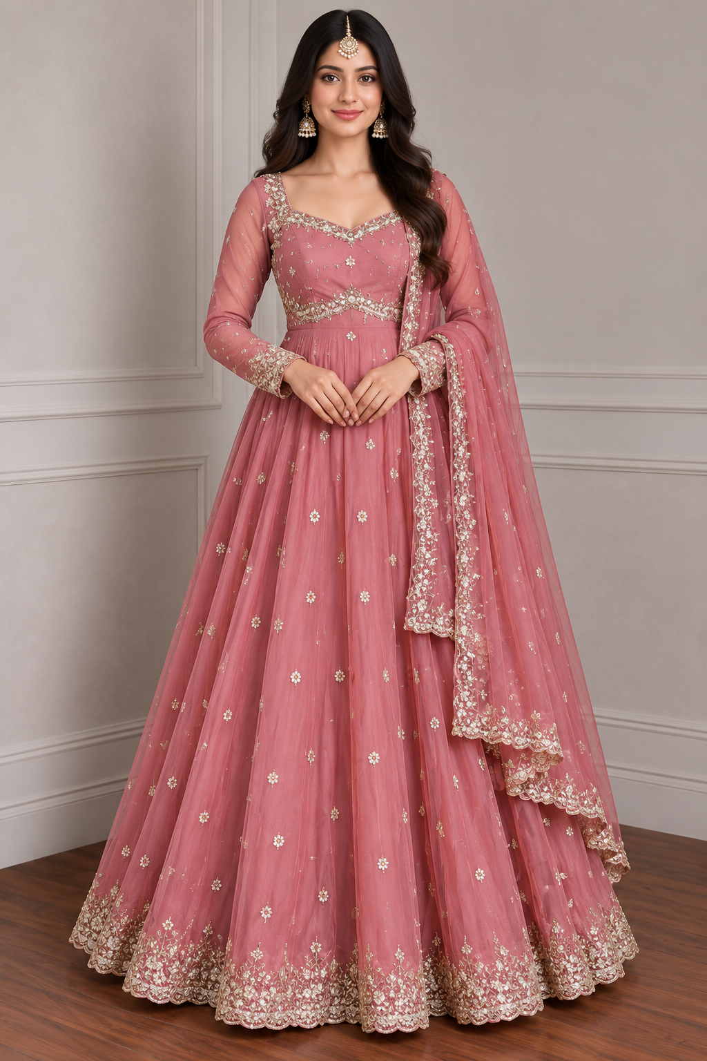 Women’s Dusty Rose Embroidered Anarkali Gown with Dupatta | Elegant Festive & Wedding Wear
