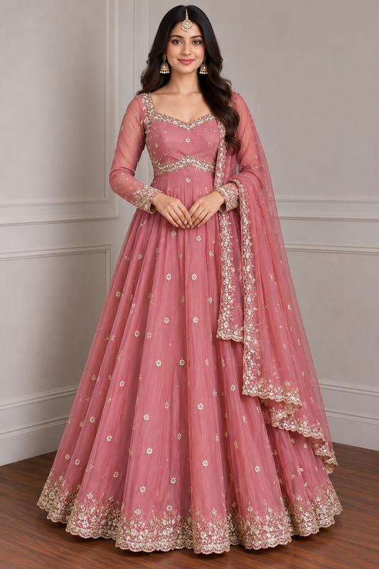 Women’s Dusty Rose Embroidered Anarkali Gown with Dupatta | Elegant Festive & Wedding Wear