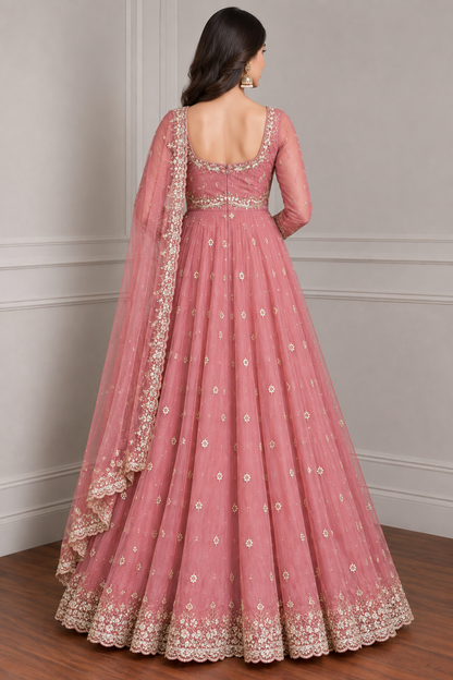 Women’s Dusty Rose Embroidered Anarkali Gown with Dupatta | Elegant Festive & Wedding Wear