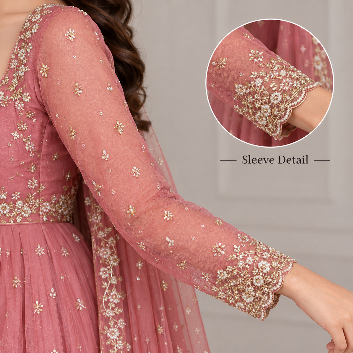 Women’s Dusty Rose Embroidered Anarkali Gown with Dupatta | Elegant Festive & Wedding Wear