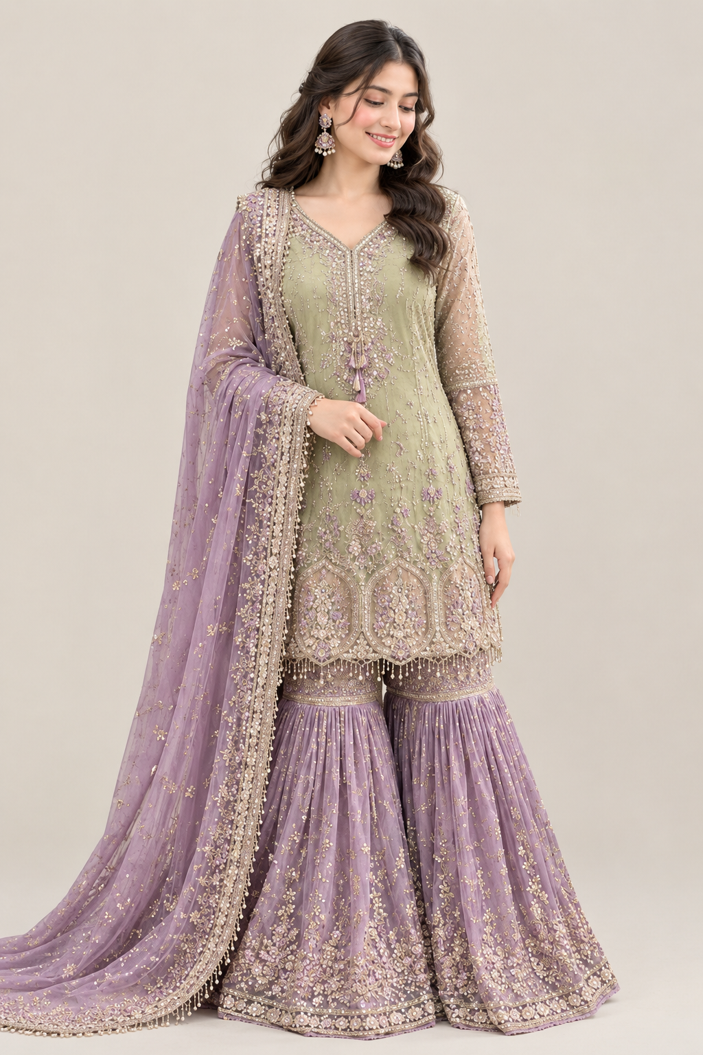 Women’s Sage Green & Lilac Embroidered Garara Suit Set with Dupatta