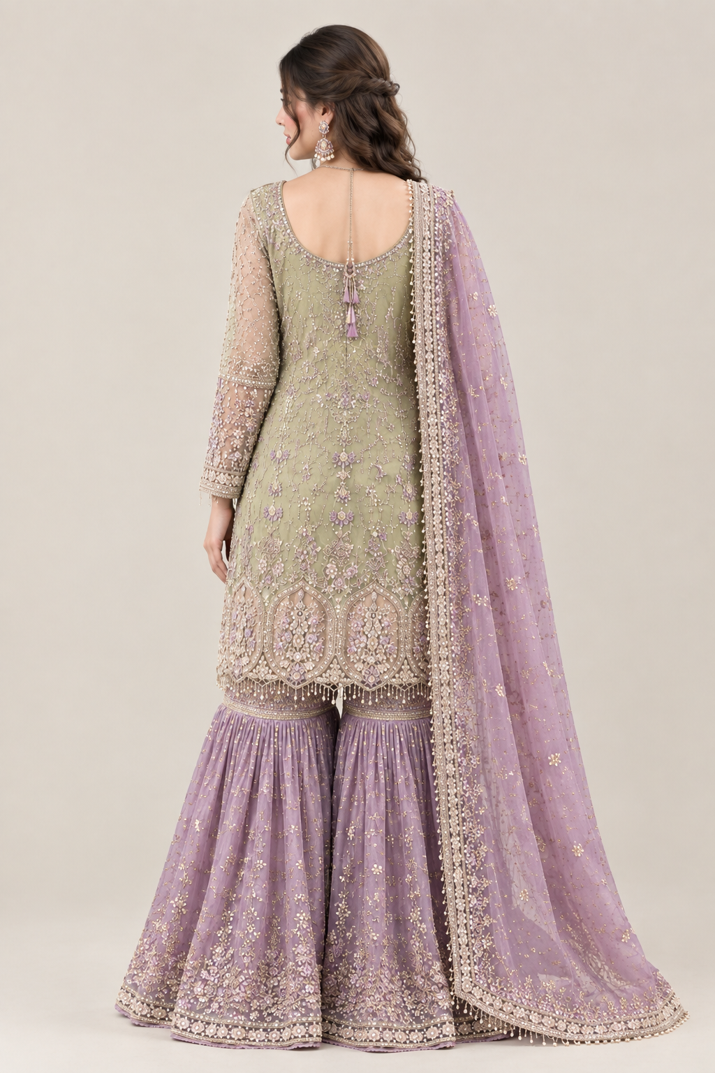 Women’s Sage Green & Lilac Embroidered Garara Suit Set with Dupatta