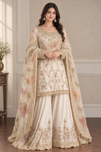 Ivory Blossom Embroidered Sharara Suit with Sheer Dupatta