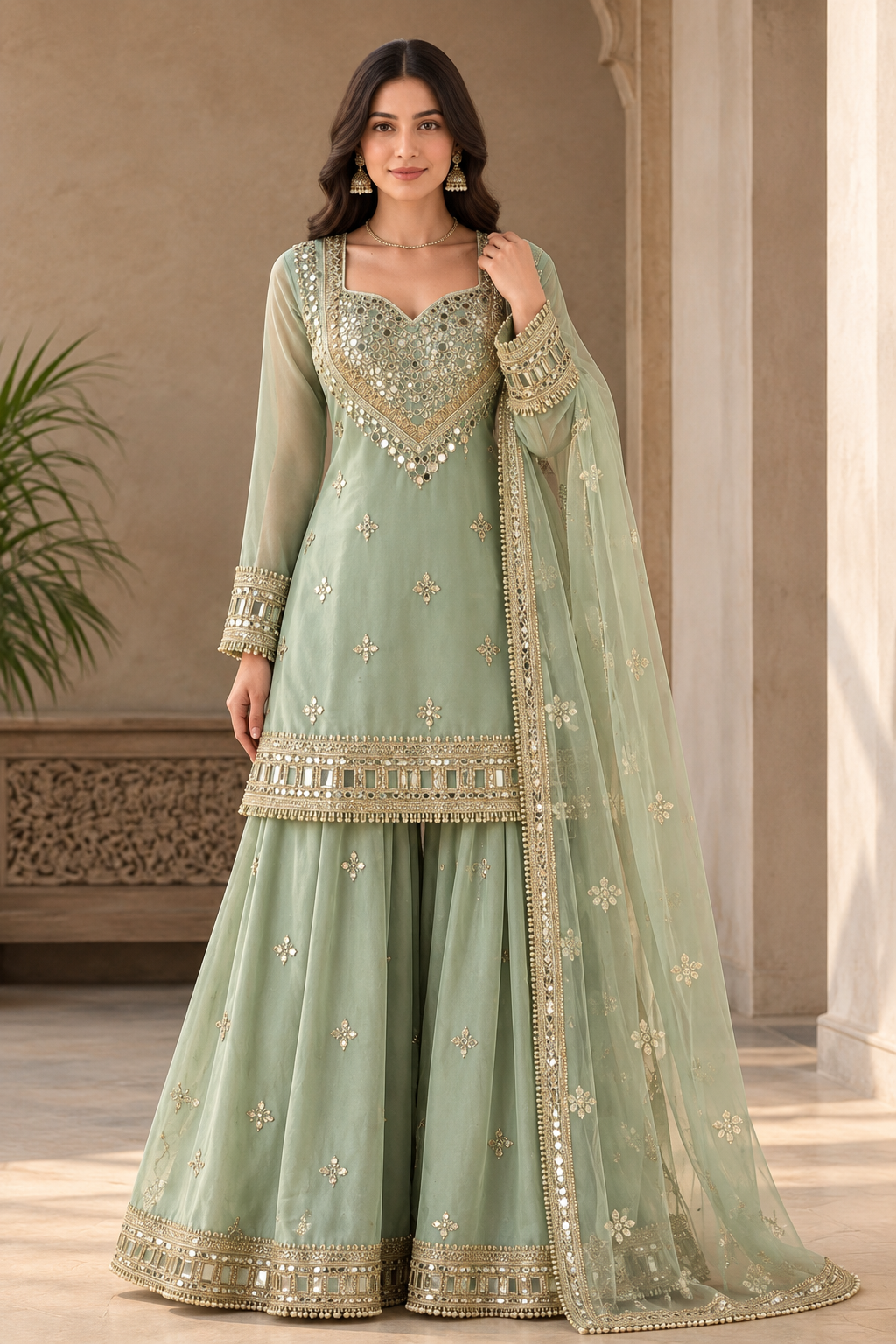 Sage Green Mirror-Work Sharara Suit Set