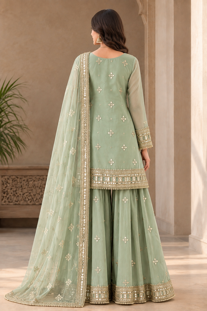Sage Green Mirror-Work Sharara Suit Set