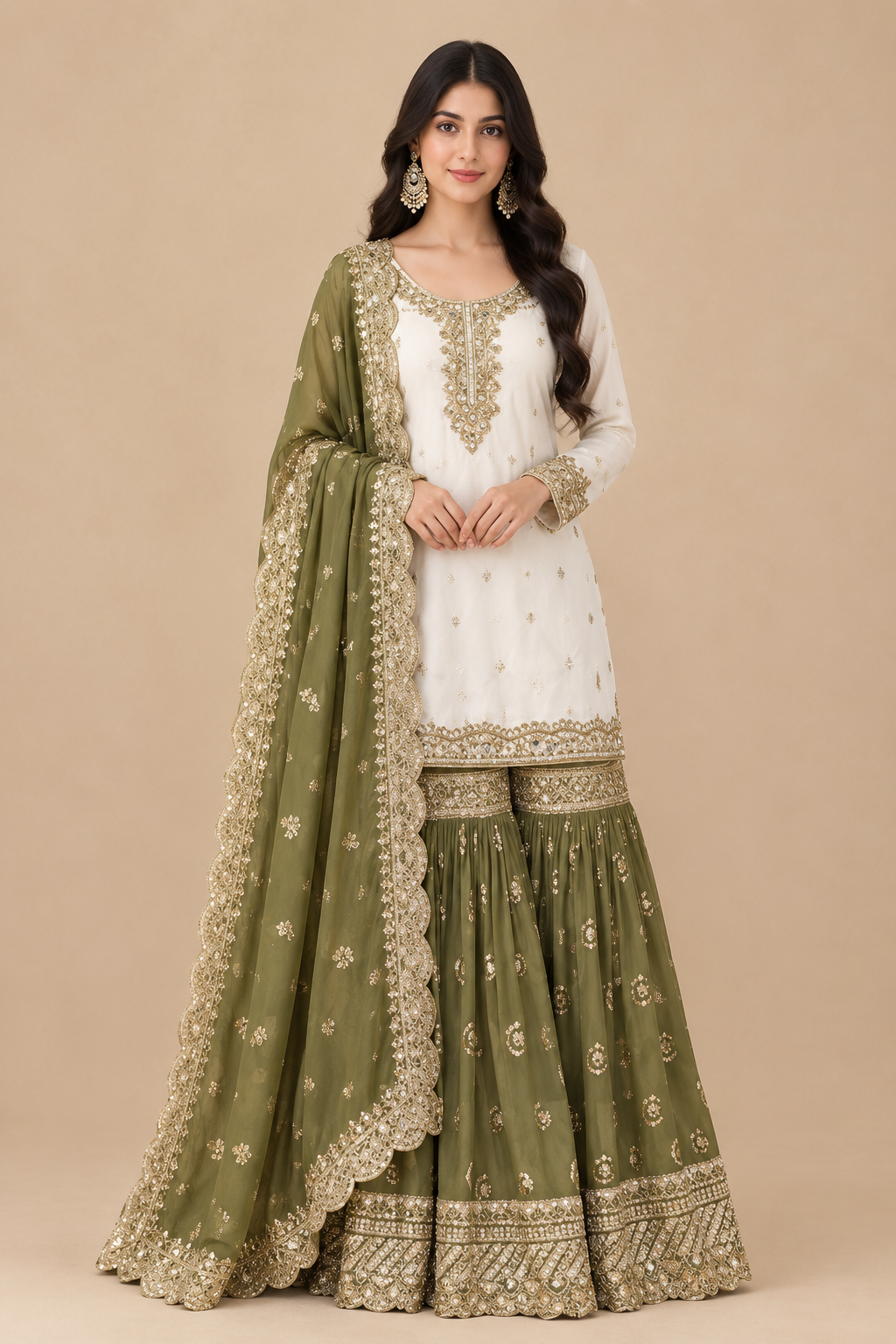 Olive Green & Ivory Regal Embroidered Sharara Set