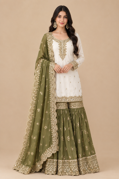 Olive Green & Ivory Regal Embroidered Sharara Set