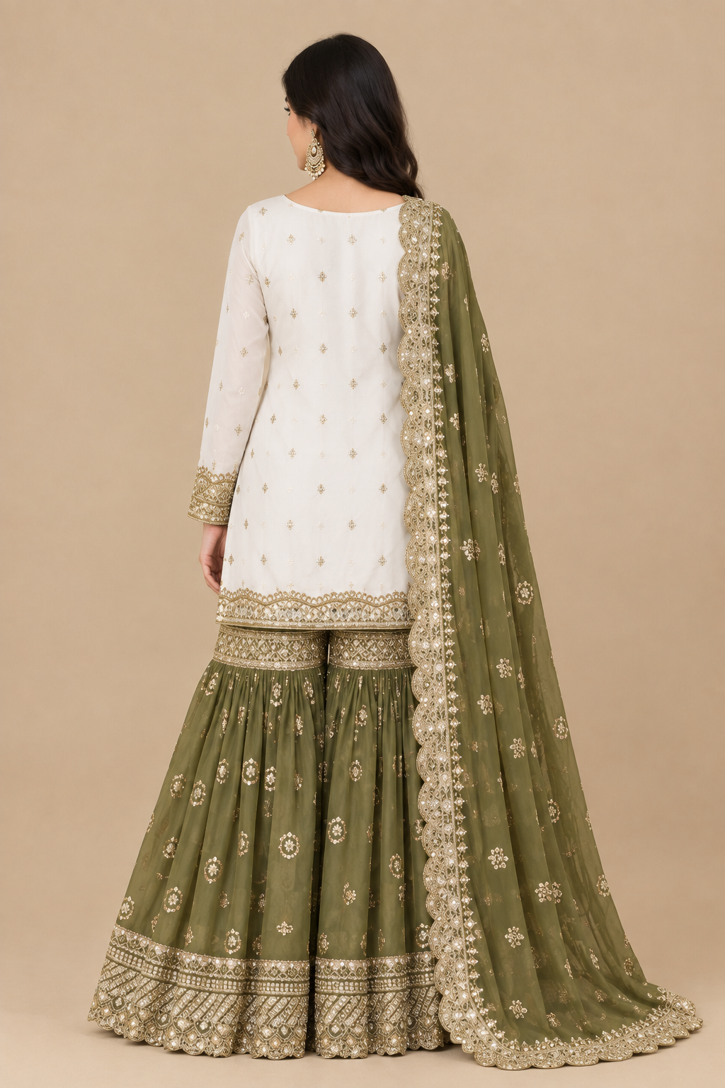 Olive Green & Ivory Regal Embroidered Sharara Set