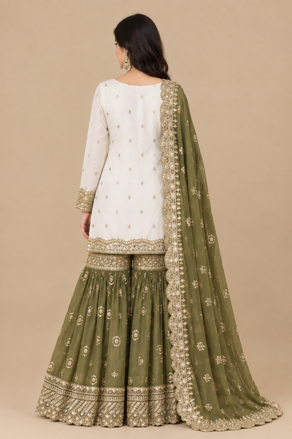 Olive Green & Ivory Regal Embroidered Sharara Set