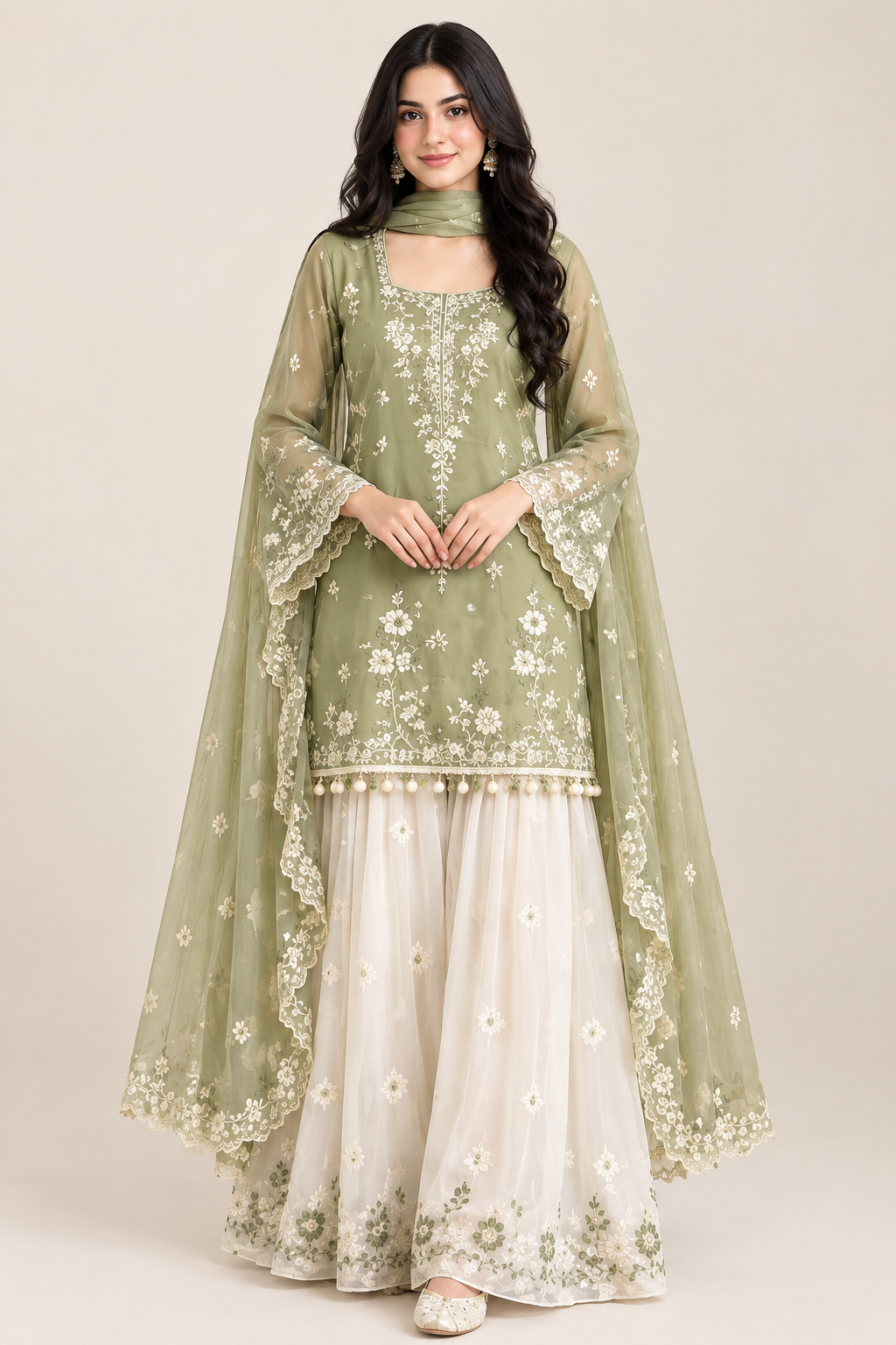 Sage Green Embroidered Anarkali Sharara Set with Dupatta