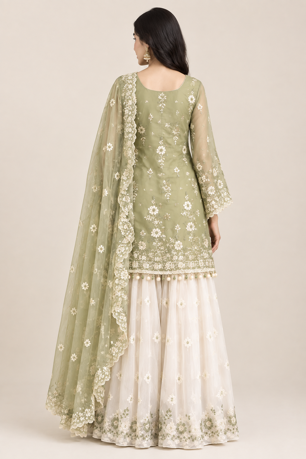 Sage Green Embroidered Anarkali Sharara Set with Dupatta