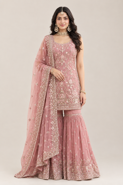 Women’s Dusty Rose Embroidered Anarkali Sharara Set with Dupatta
