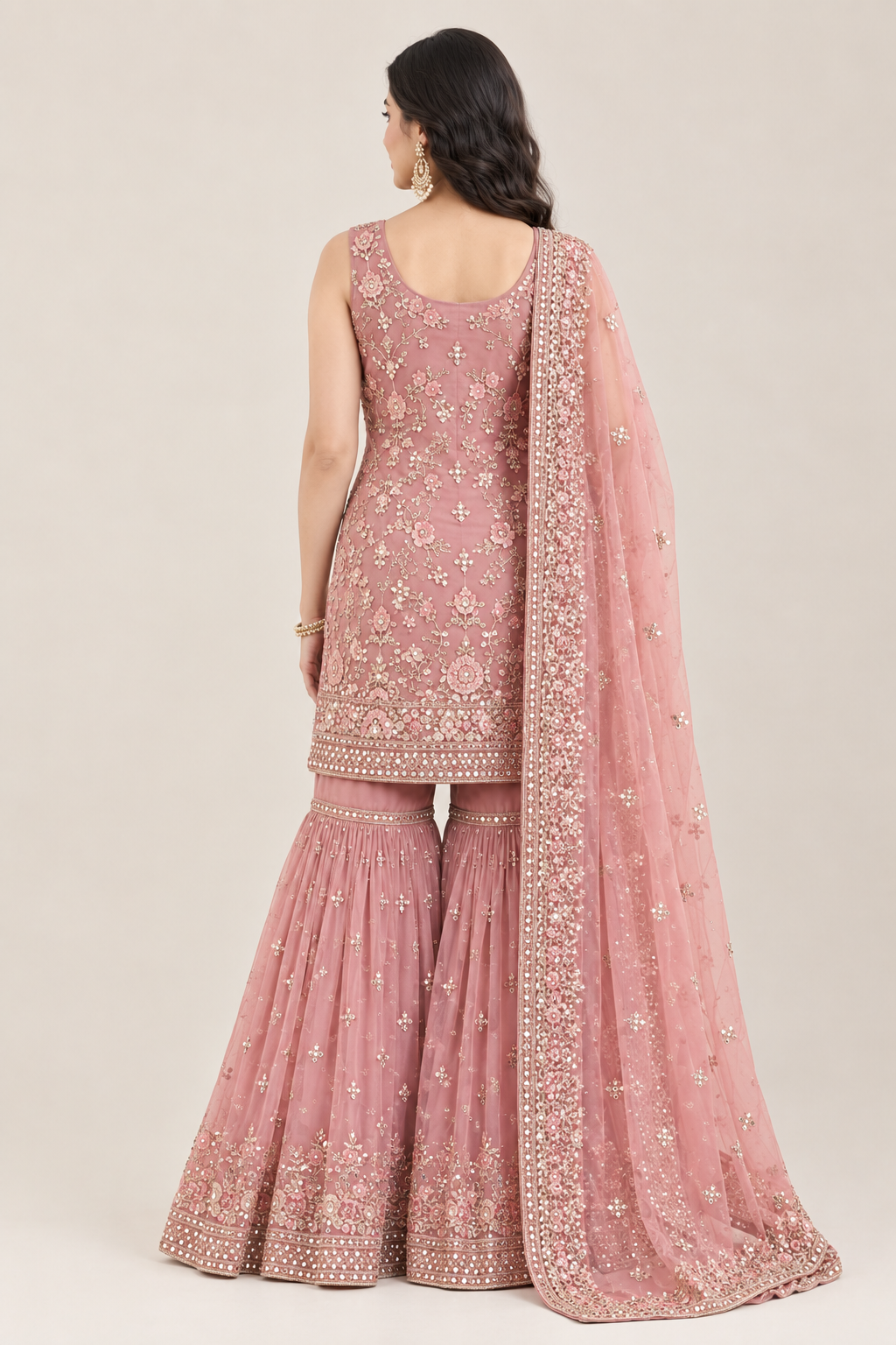 Women’s Dusty Rose Embroidered Anarkali Sharara Set with Dupatta