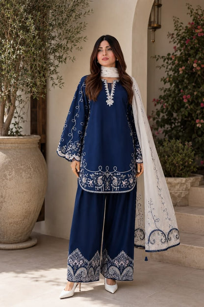 Women’s Navy Blue Embroidered 3-Piece Kurta Set with Dupatta