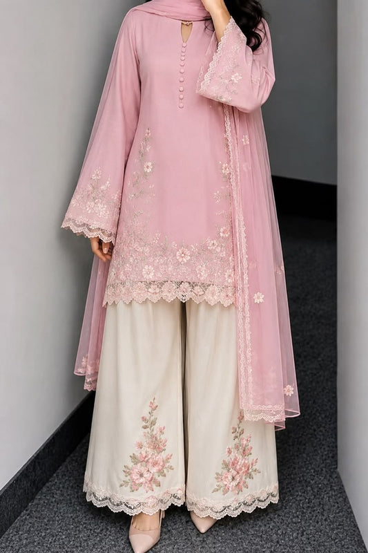 Women’s Pink Embroidered 3-Piece Suit Set with Lace-Trimmed Dupatta
