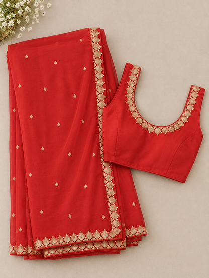 Red Georgette Saree with Elegant Golden Leaf Lace Border