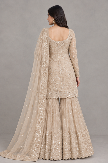 Women’s Champagne Beige Embroidered Sharara Suit Set with Dupatta | Sequin Festive & Wedding Wear