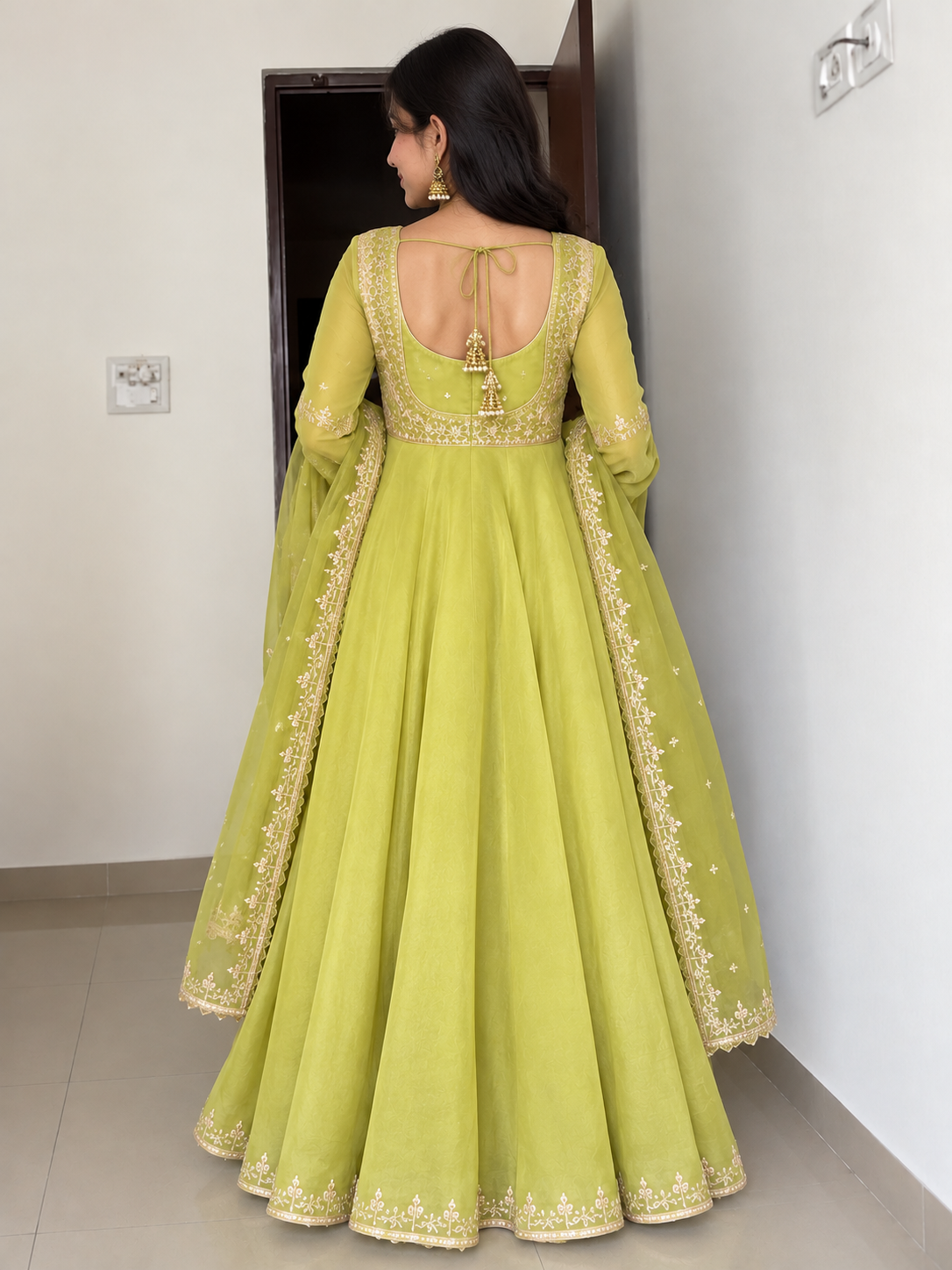 Lime Green Embroidered Anarkali Gown with Dupatta