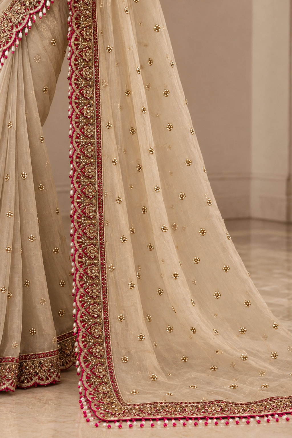 Ivory Organza Saree with Rani Pink Heavy Embroidered Blouse