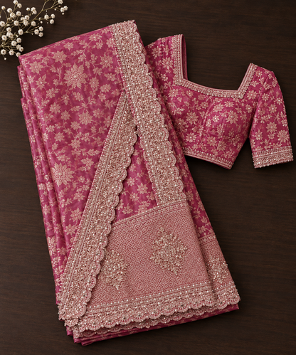 Elegant Rani Pink Floral Jacquard Saree with Ornate Embroidered Border and Matching Blouse