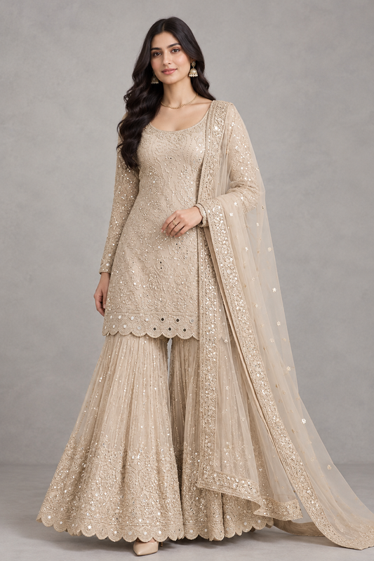 Women’s Champagne Beige Embroidered Sharara Suit Set with Dupatta | Sequin Festive & Wedding Wear