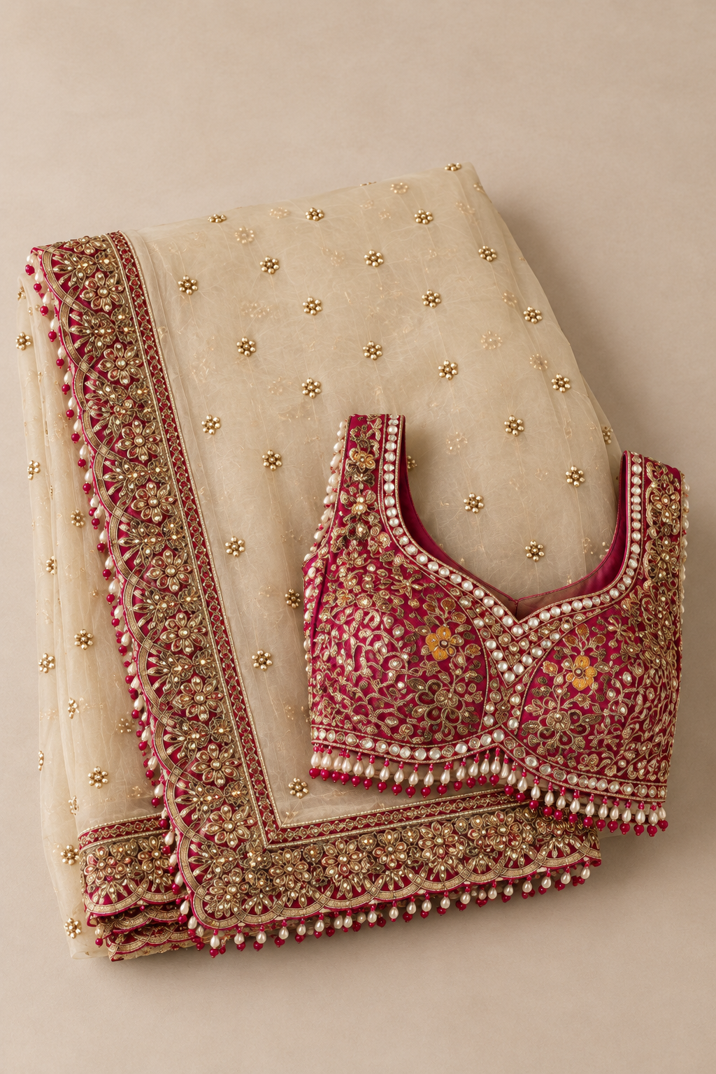 Ivory Organza Saree with Rani Pink Heavy Embroidered Blouse