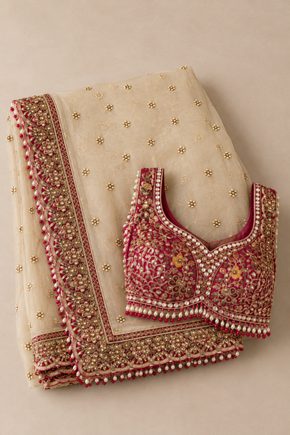 Ivory Organza Saree with Rani Pink Heavy Embroidered Blouse