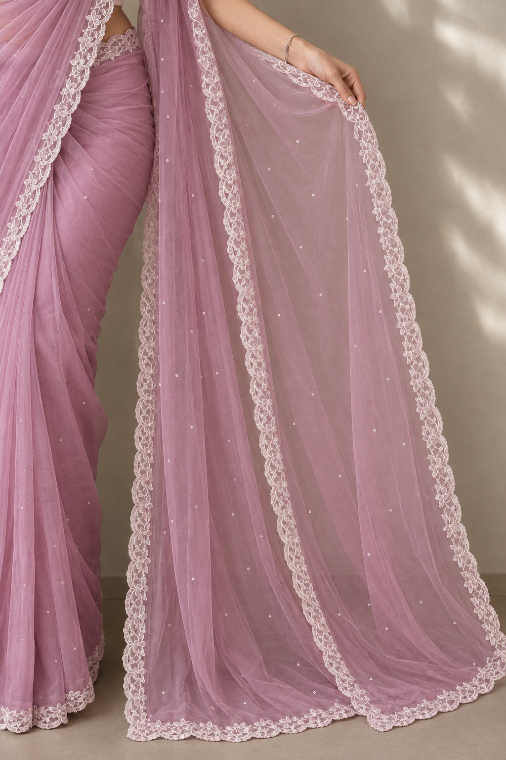 Elegant Mauve Pink Saree with White Floral Lace Border and Matching Blouse