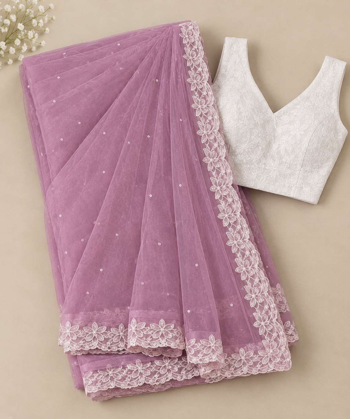 Elegant Mauve Pink Saree with White Floral Lace Border and Matching Blouse